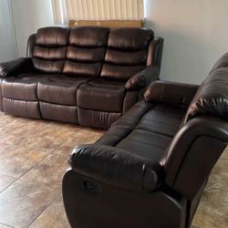 brown leather recliner love seat & sofa