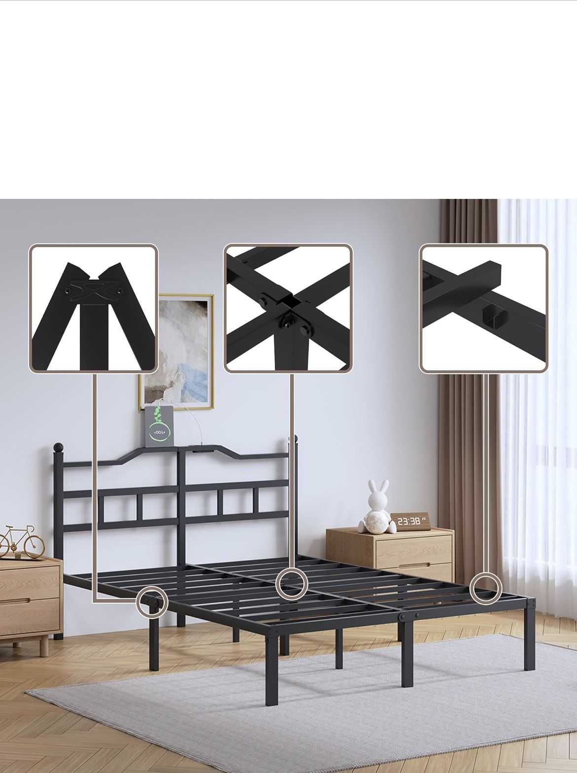 Metal Bed Frame King Size Heavy Duty Bedframe, Black, Basic Steel Slats Platform with Charging Station 14 Inch with Headboard No Box Spring Needed Noi