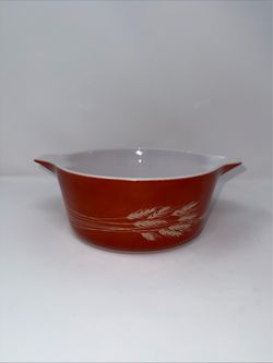Pyrex casserole bowl vintage orange Autumn Harvest wheat pattern