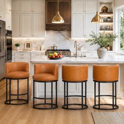 26''H Modern Faux Leather Counter Stools with Cylindrical Metal Frame, Brown (Set of 4)
