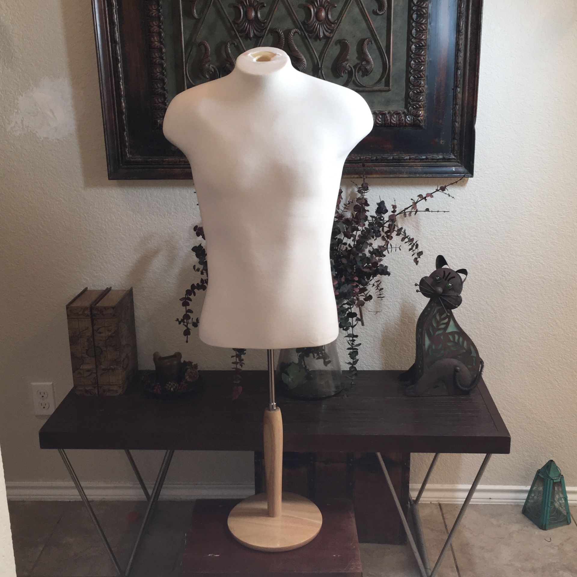 Male form mannequin on adjustable WOODEN stand