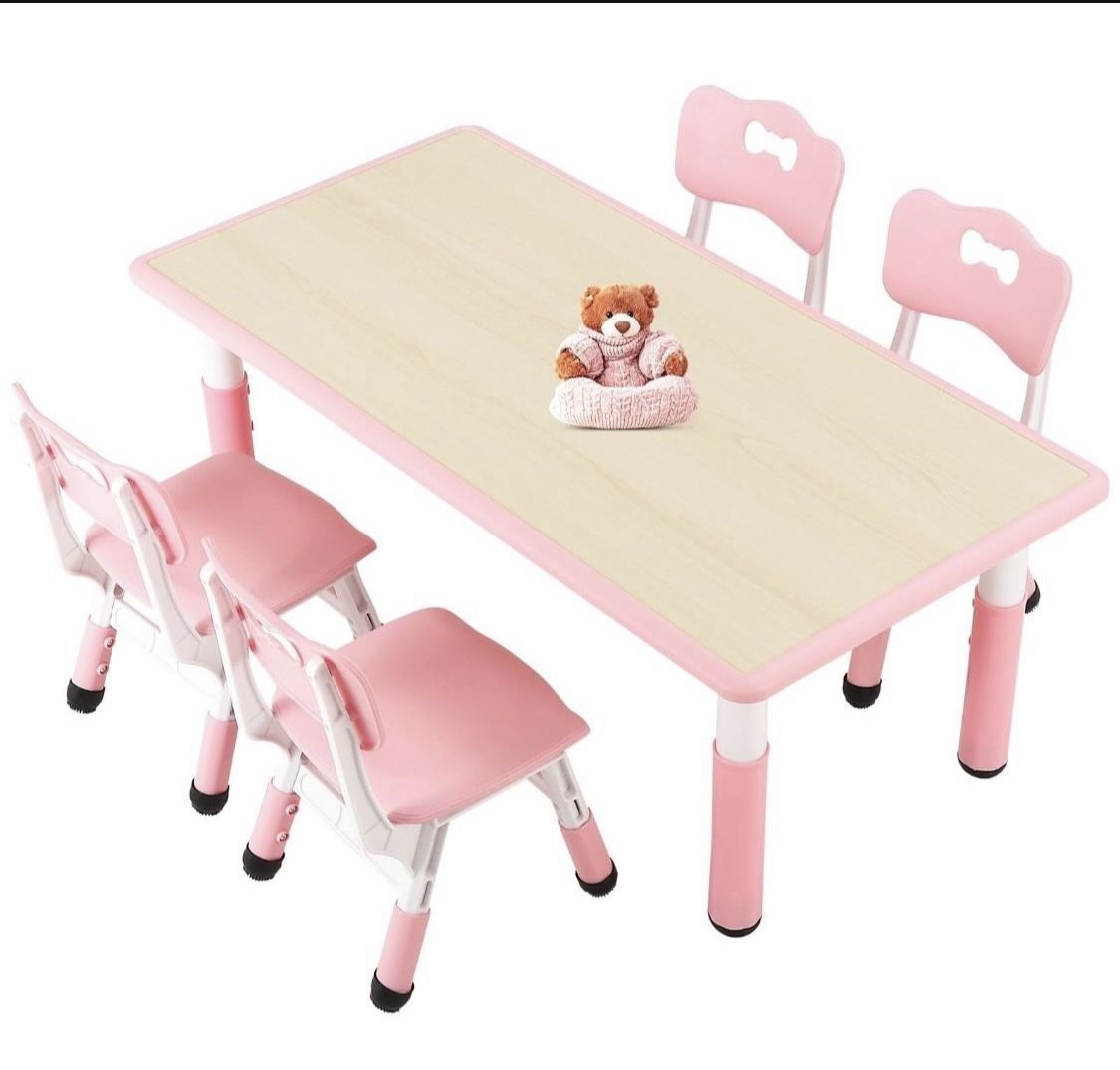 FUNLIO Kids Table And 4 Chairs Set For Ages 3-8, Height Adjustable Toddler Table And Chair Set, Easy To Wipe Arts & Crafts Table, For Classrooms/Dayca