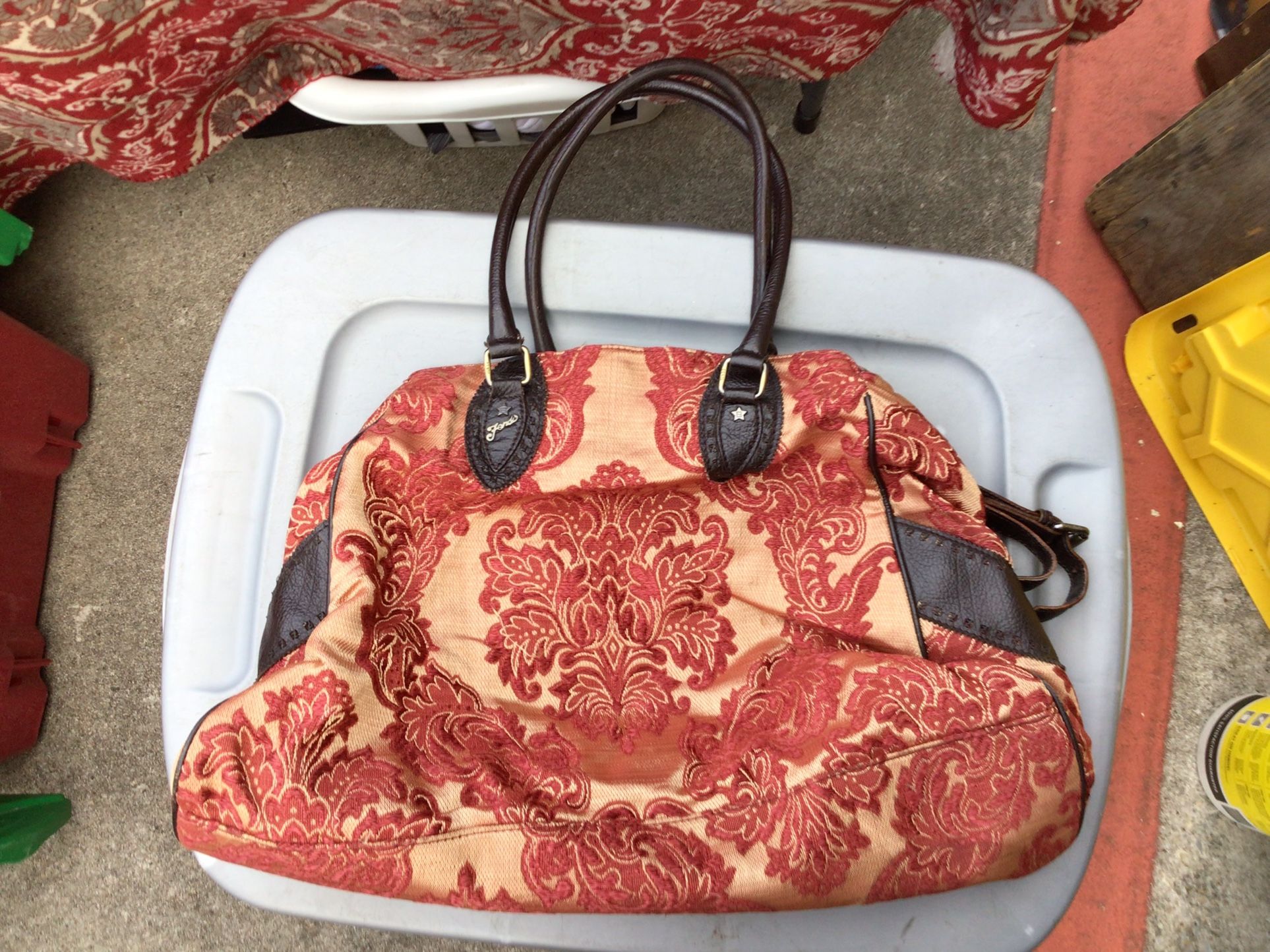 Fendi Large Tote Satchel Shoulder Beach Purse Gold Red Maroon Tan Zucchini Canvas Bag