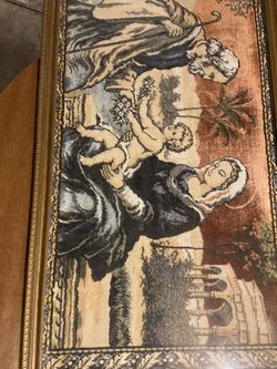 Vintage Framed Mary, Joseph And Jesus Tapestry.