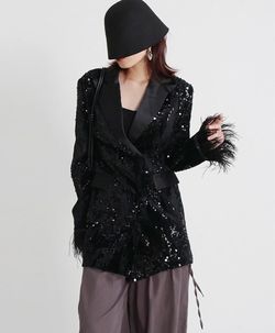 Black Sequin Blazer with Feather Cuffs