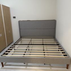 King Size Bed Frame with LED Lights and Charging Station Linen Upholstered Platform Bed Frame with 51.2" Tall Wingback Headboard and Storage Shelf, No