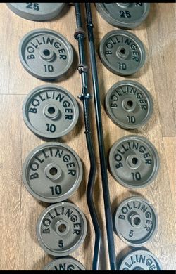 BOLLINGER VINTAGE Standard Set: 6 ft Bar, 4 ft Curl Bar, DB Bars and Cast Iron Weight plates: 25s, 10s, 5s and 2.5s (Total: 191 lbs)