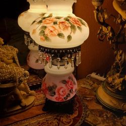Vintage Hurricane Electric Lamp 3 Ways Roses Painting. 