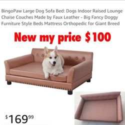 New BingoPaw Large Dog Sofa Bed: Dogs Indoor Raised Lounge Chaise Couches Made by Faux Leather - Big Fancy Doggy Furniture Style Beds Mattress Orthope