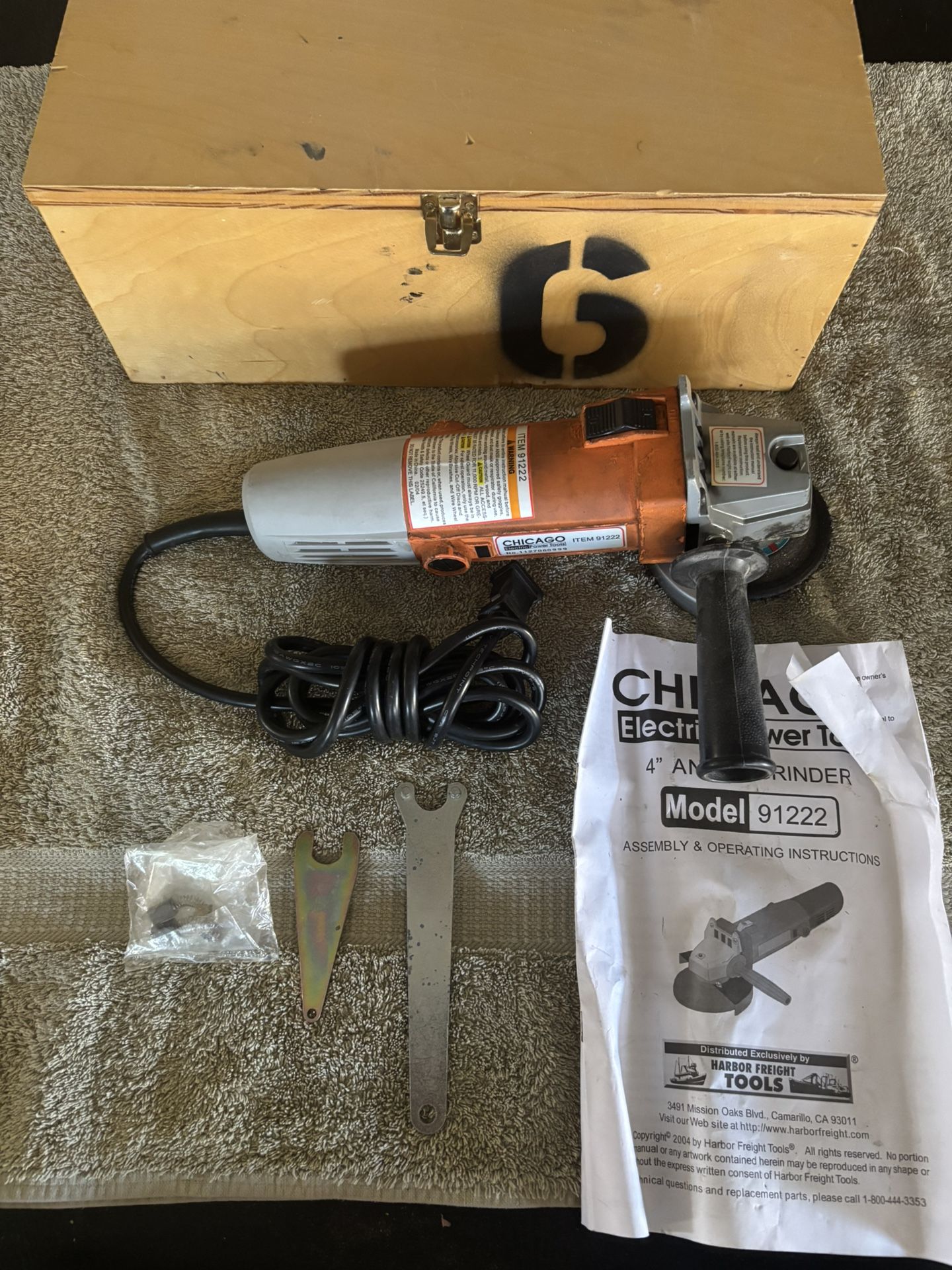 4” Angle Grinder With Tools, Extra Brushes, Wood Case.