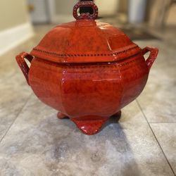 Red Ceramic Octagonal Bowl With Lid