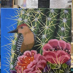 Cactus Bird With Flowers Art Painting