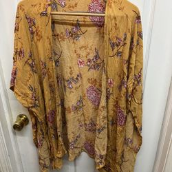 Kimono Style Wrap Mustard Yellow Multicolor Floral Size L  Good Condition 