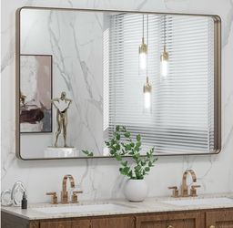 48 x 30 inch bronze bathroom mirror for vanity, rounded rectangle with brushed bronze metal