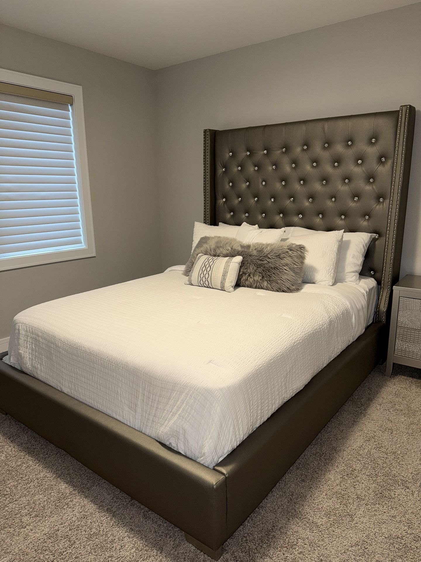 Queen Upholstered Bed (mattress and box included)