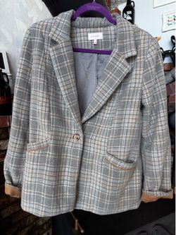 Skies Are Blue gray plaid blazer w/brown accents