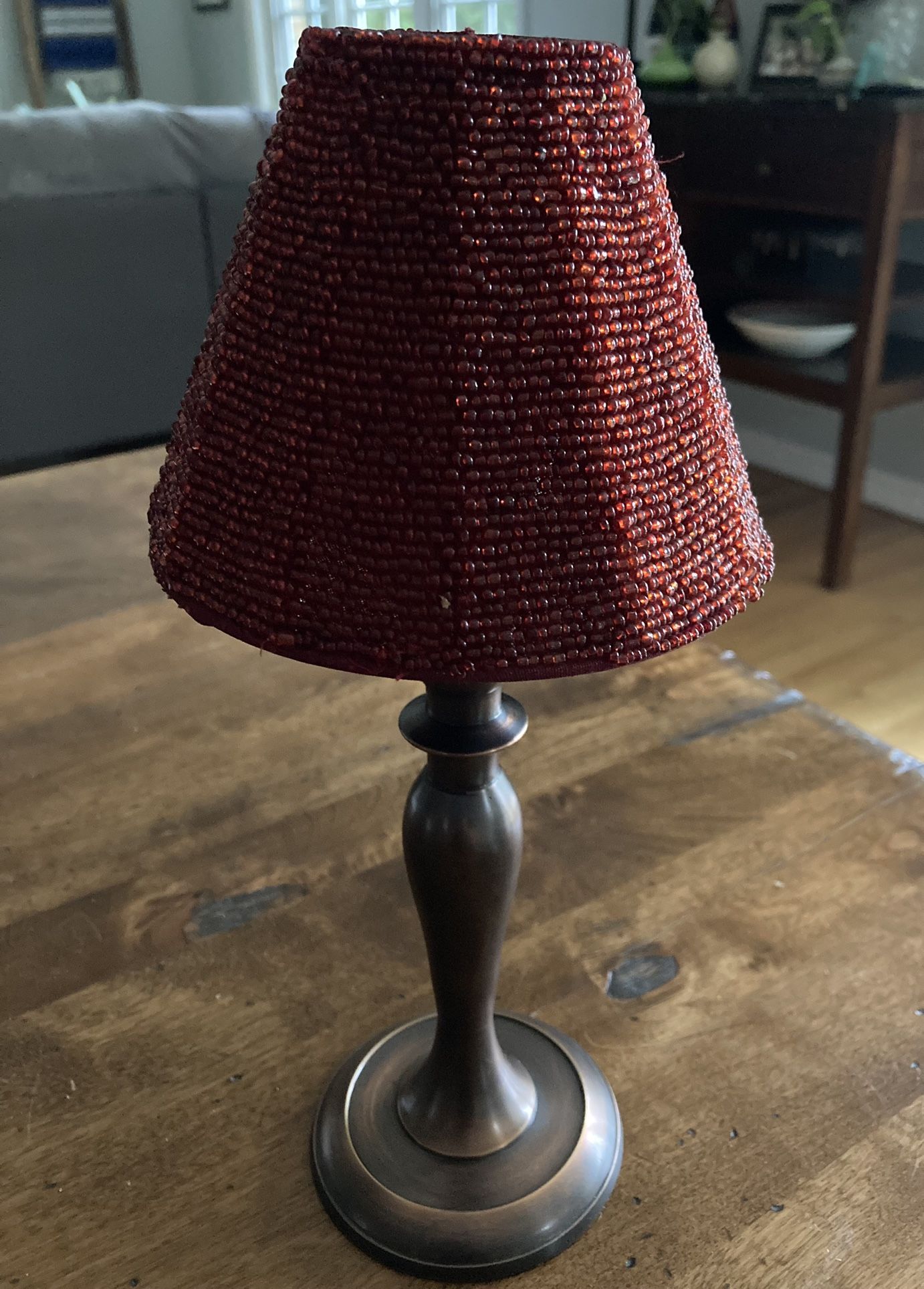 Bronze Tea Light Candle Holder Red Beaded Shade