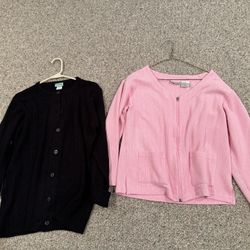 2 Women’s Size Small cardigan sweater/shirt- Sara Morgan black&Fashion Bug Pink 