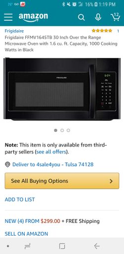 New Frigidaire Microwave oven 1.6 cu ft 1000 watts 30"