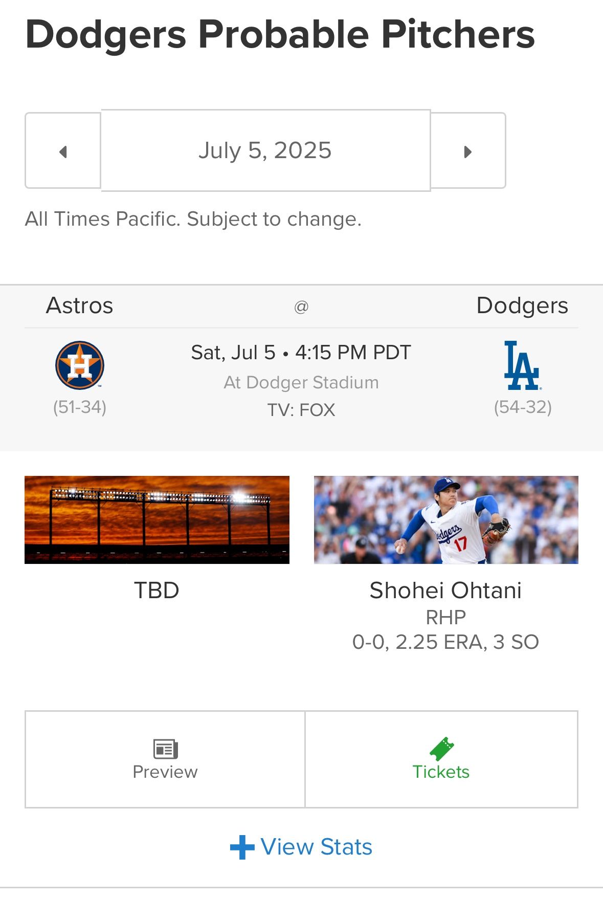 July 5th Dodgers vs Astros Tickets