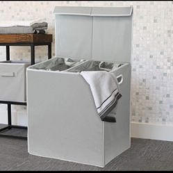 Double Laundry Hamper with Lid and Removable Laundry Bags, Grey