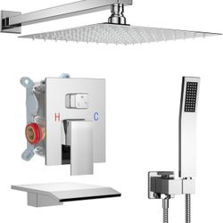 Shower system with bathtub nozzle, wall-mounted shower faucet set for bathroom with 12-inch high-pressure rain shower head and hand shower head,