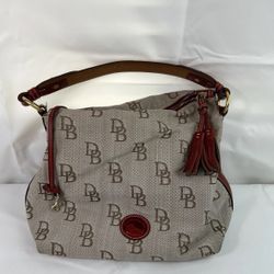 Vintage Dooney & Bourke Purse Red Tan Monogram Tassel Shoulder Bag Large Tote