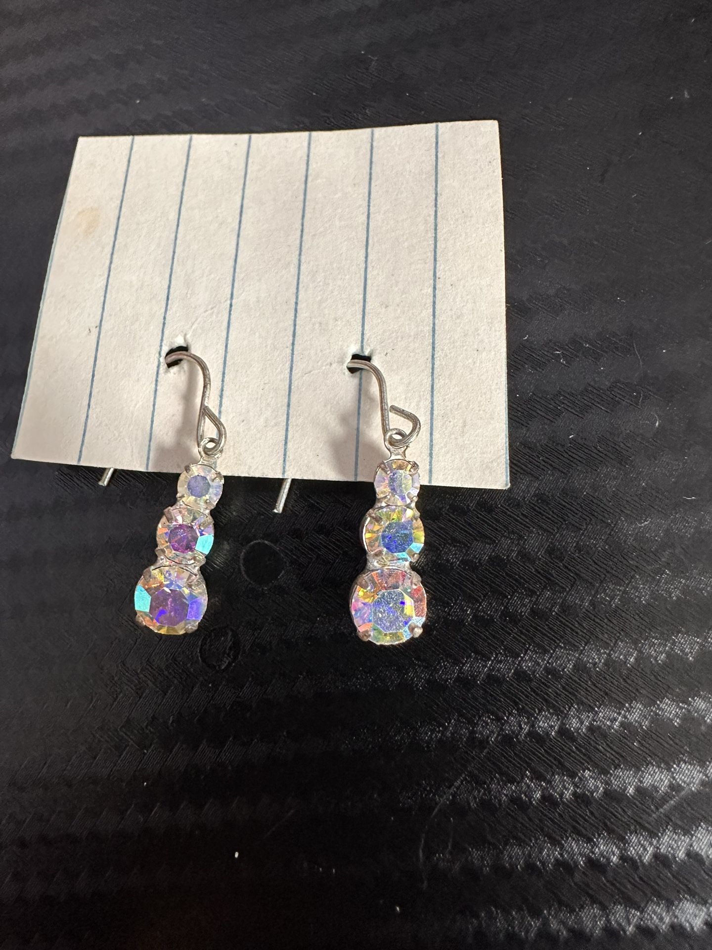 Iridescent Aurora Borealis Rhinestone Drop Earrings – 3-Stone Cluster Dangle, Silver Tone