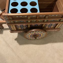 Hand-Painted Wooden Bar Cart with Wine Bottle Rack Floral Multicolor Decor