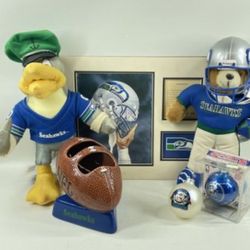 Vintage Seattle Seahawks Collectibles And Memorabilia Including Print Of Paul Ryan Helmet Art