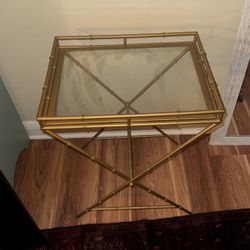 End Table Glass And Brass Apx 36”z26”