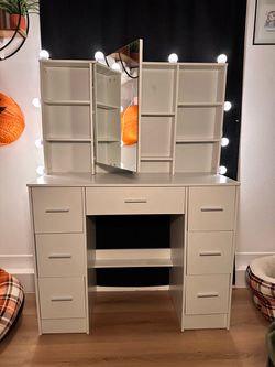 White Vanity Desk with Mirror and Drawers