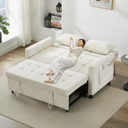 Tbfit 57" Convertible Sofa Bed, Chenille Futon Sleeper Sofa Couch with Pullout Bed, USB & Adjustable Backrest, Full Size Pull Out Loveseat Couches for