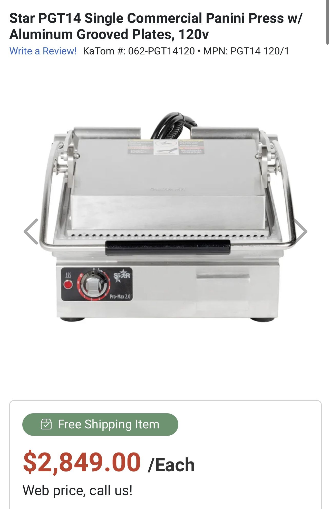 Star PGT14 Single Commercial Panini Press w/ Aluminum Grooved Plates