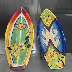 Clay Art Tropical Surf Board Shaped Snack Boat Dip Bowls 10" Set 2 Ceramic 