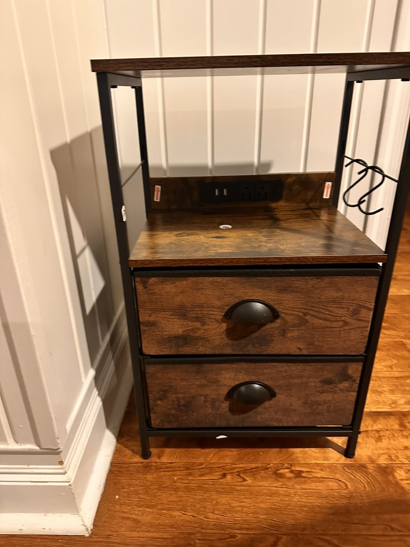 Rustic Brown End Table with Charging Station & Storage 2 Drawers with 2 Hangs