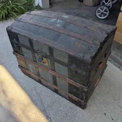 Antique Dome Top Steamer Trunk Victorian Era Chest Tin and Metal Vintage Box