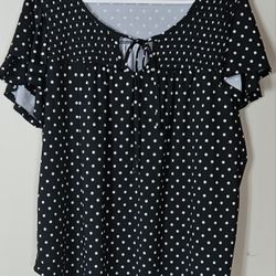 XL Robert Louis Black & White Polkadot Tie Front Blouse
