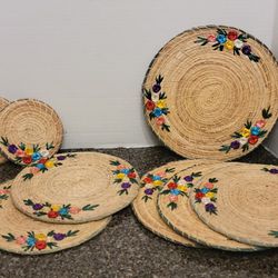 Vintage Straw/Wicker Coaster Trivet Set 8 Pieces Floral Weaving