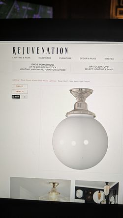 Rejuvenation Rose City Semi Flush Lighting fixture w/ 10" Opal Globe Shade.