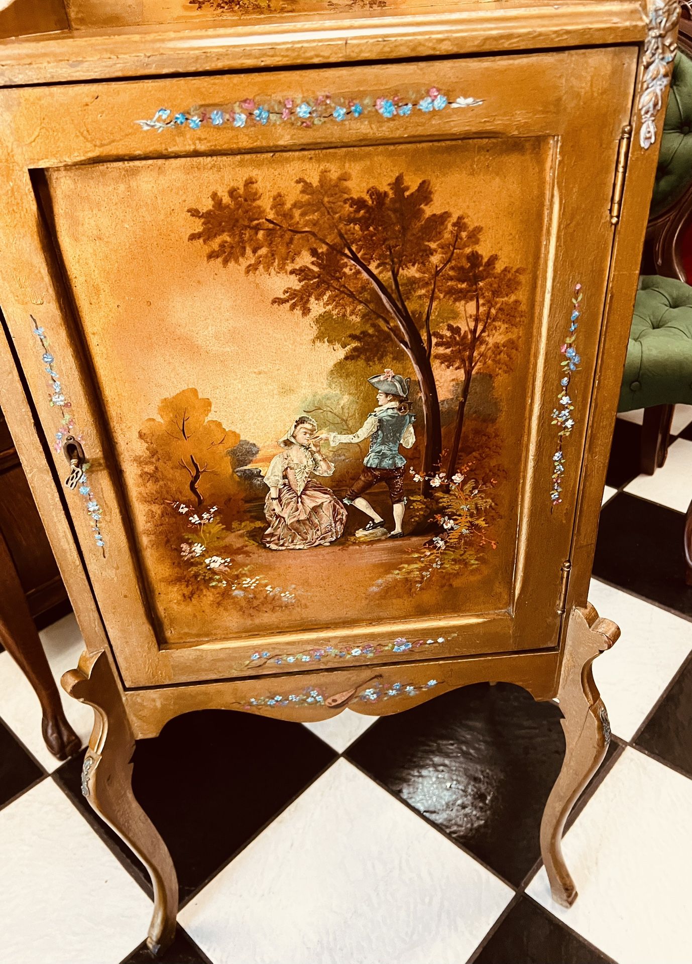 Antique 1800’s Music Cabinet Hand Painted Courting Scene.