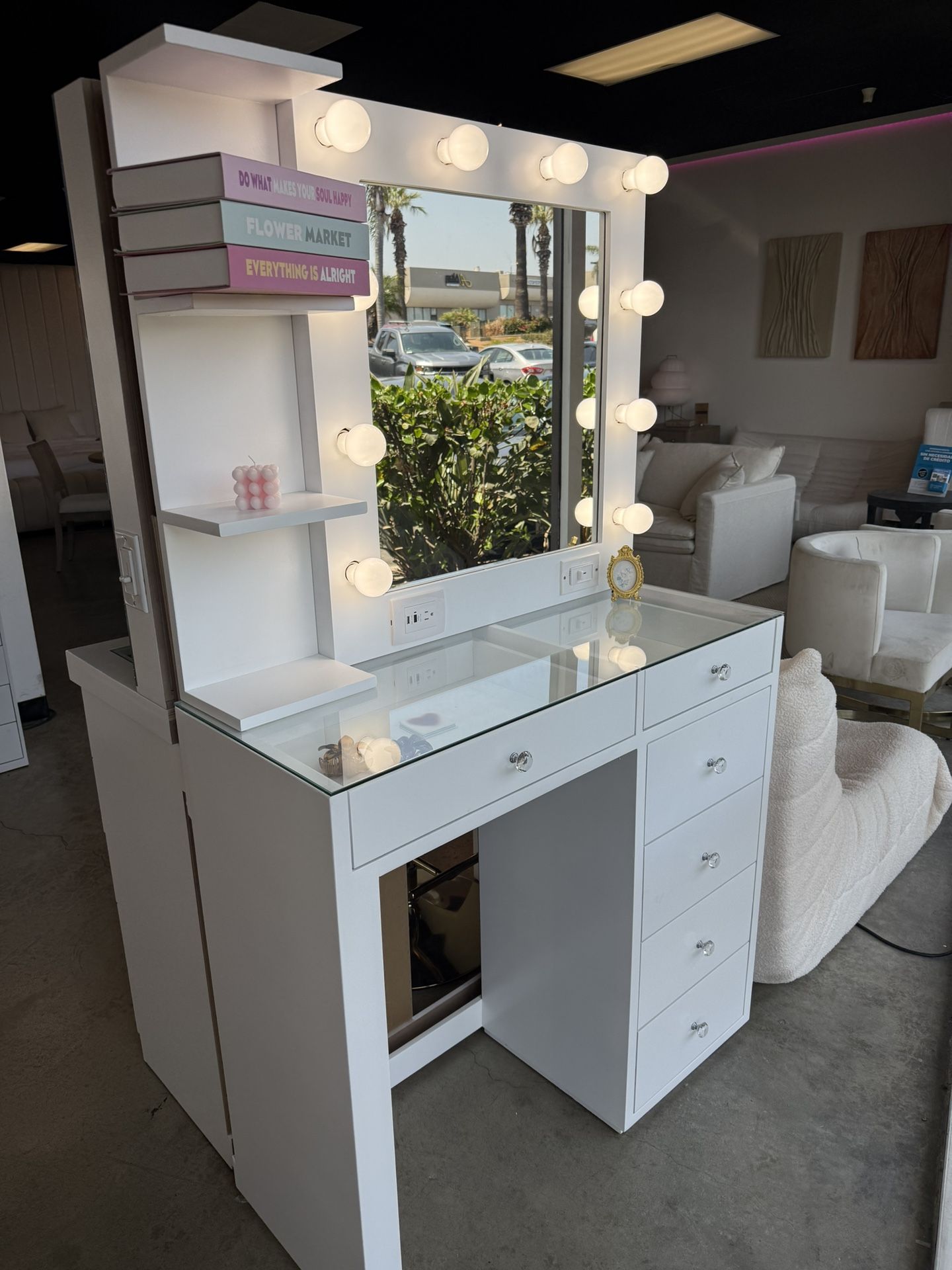 White Glass-Top Vanity Desk with LED Mirror, 6 Drawers, USB + Shelves β Vanity Room Sale