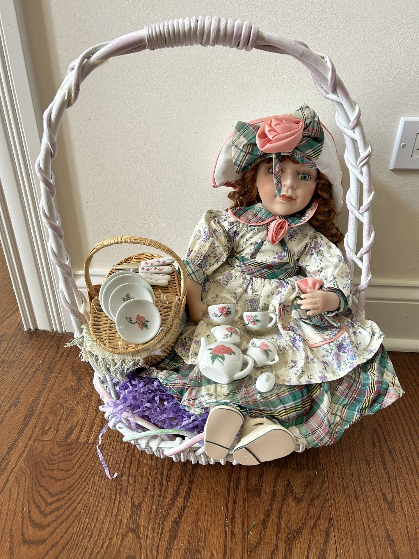21” Porcelain Doll With Picnic Basket & Tea Set In White/pastel Colors Basket