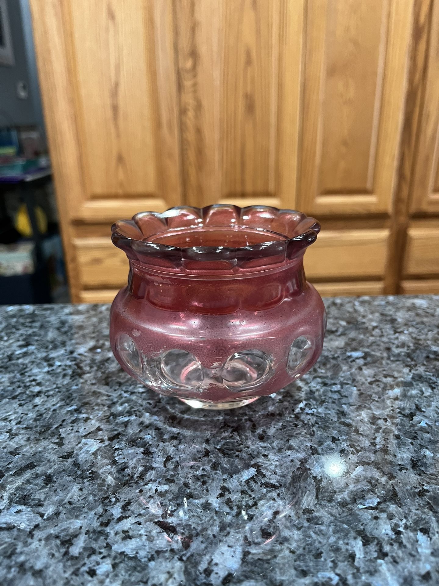 Vintage Ruby Flash Glass Rose Vase with Scalloped Rim. Size approximately 3 1/2 inches tall. Preowned. Has been on display in a cabinet. Smoke fre