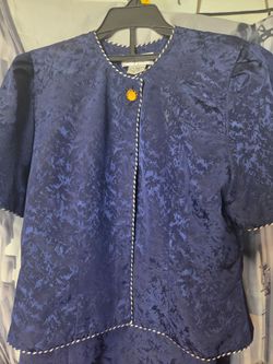 Navy Blue Jacquard Short Sleeve Blouse