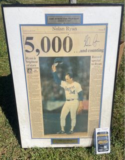 Nolan Ryan Signed Framed Newspaper 5000 Strikeouts