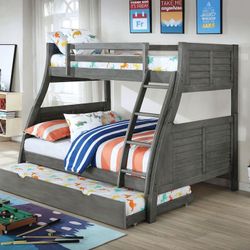 Twin/Full/Twin  Antique Gray Hoover Collection Bunk bed w. Orthopedic Mattresses Included 