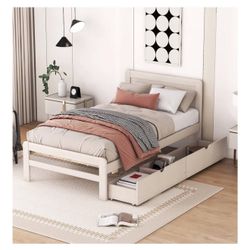 Twin Bed Frames with 2 Tiers Wood Storage Shelves Headboard, Twin Size Bed 