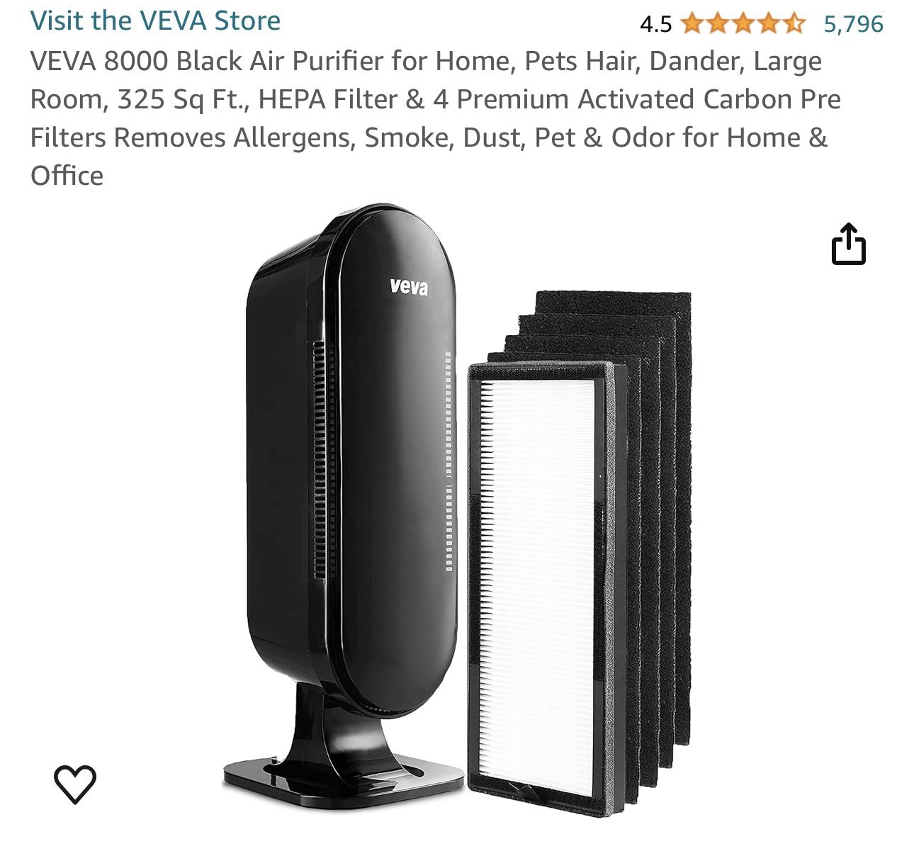 VEVA 8000 Black Air Purifier for Home, Pets Hair, Dander, Large Room, 325 Sq Ft., HEPA Filter & 4 Premium Activated Carbon Pre Filters Removes Allerge