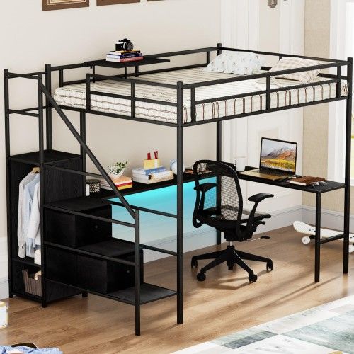 Full Size Loft Bed with L-Shaped Desk, LED Lights and Charging Station, Full Size Loft Bed with Stairs, Wardrobe and 2 Storage Drawers(Black Full)
